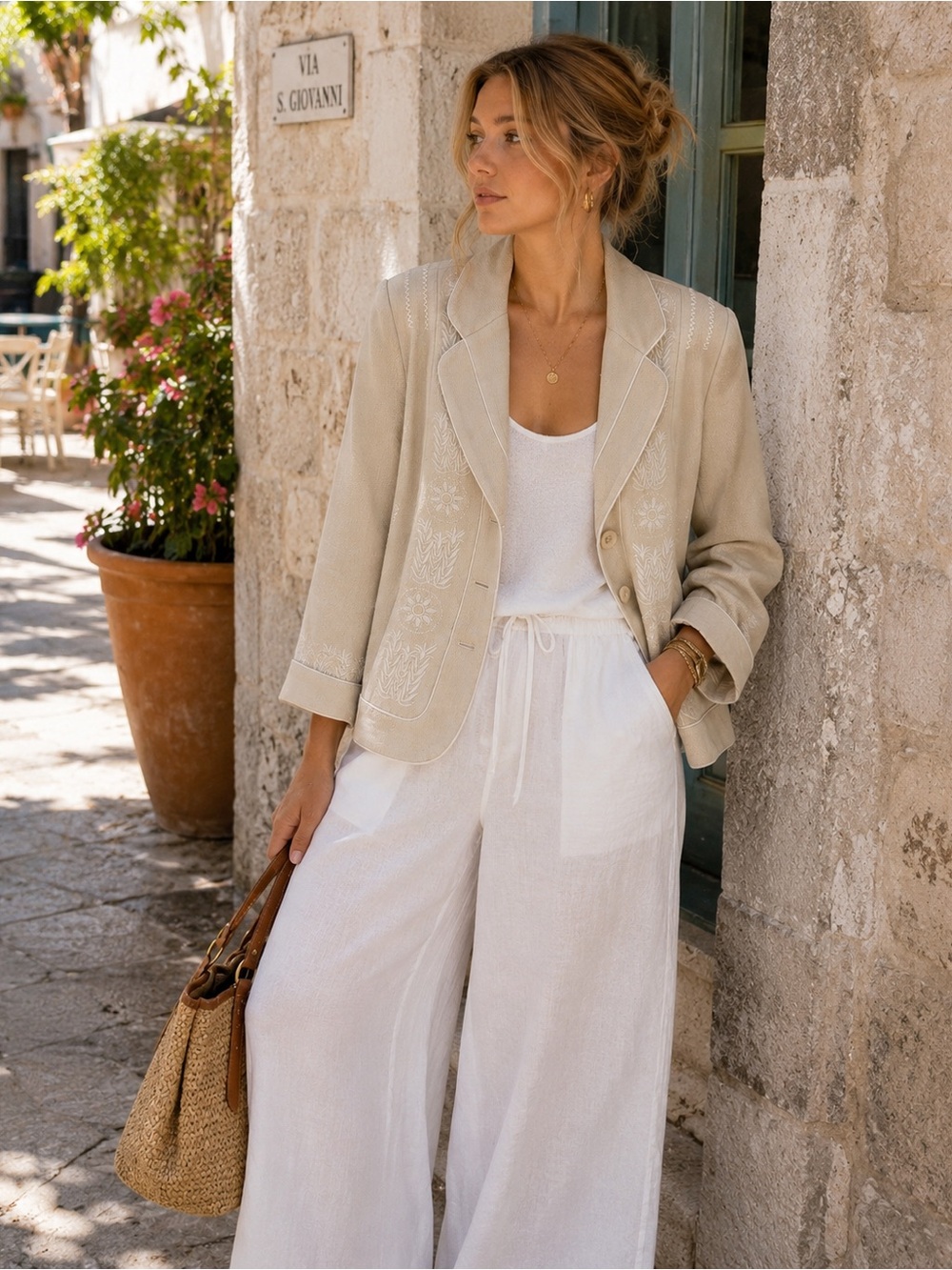 Nygard Collection Women's Embroidered Linen-Blend Blazer in Light Beige